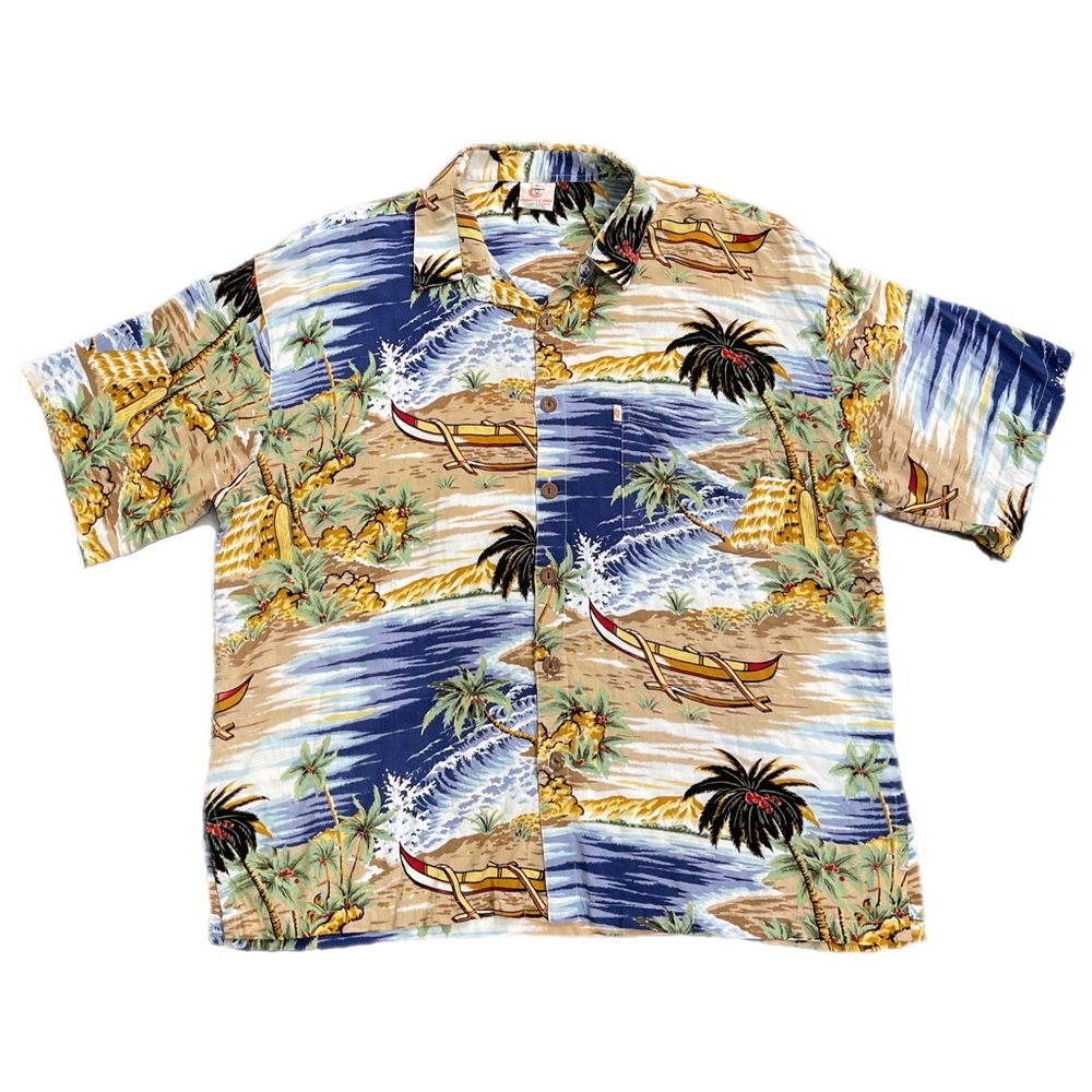 Vintage 80’s Pineapple Moon Hawaiian shirt surf canoe palms